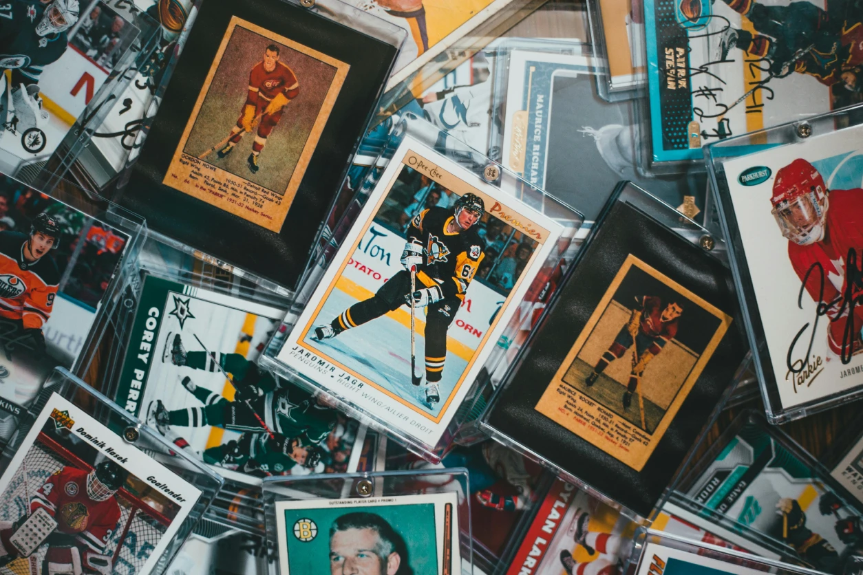 Collection of hockey trading cards.